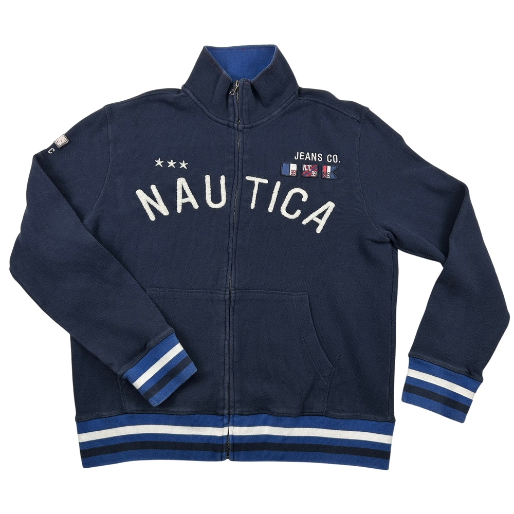 Nautica Jeans Co Jacket Mens Large NJ-99 Full Zip Navy Blue Stripe Retro Logo